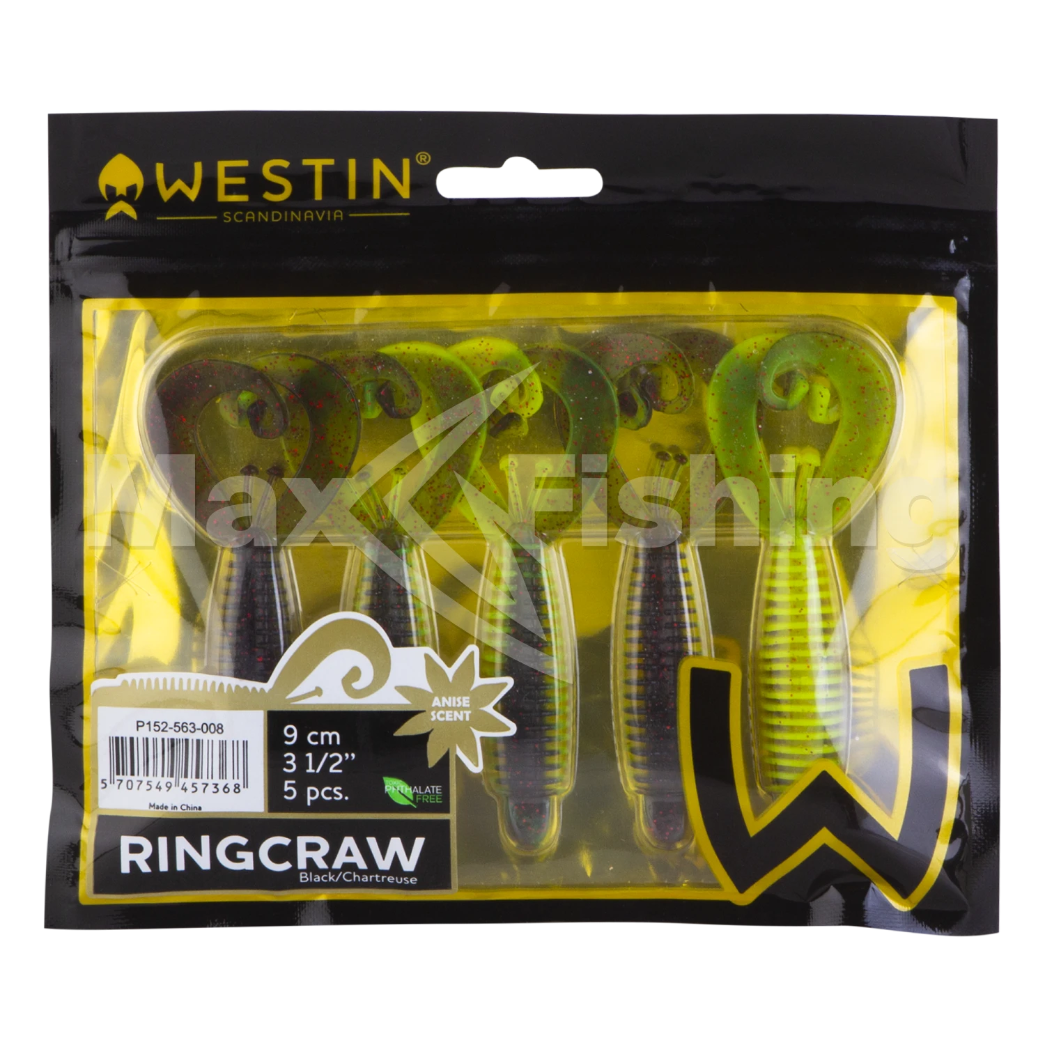 Приманка силиконовая Westin RingCraw Curltail 9см 5шт #Black/Chartreuse