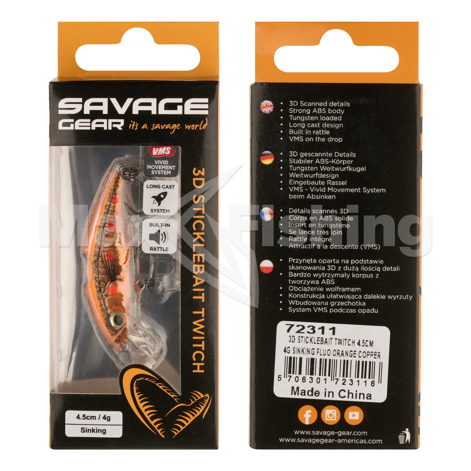 Воблер Savage Gear 3D Sticklebait Twitch 45 S #Fluo Orange Copper