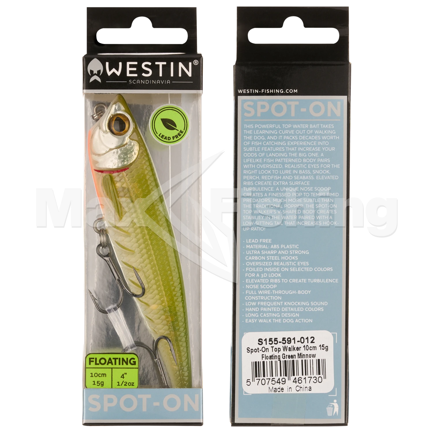 Воблер Westin Spot-On Top Walker 100 F #Green Minnow